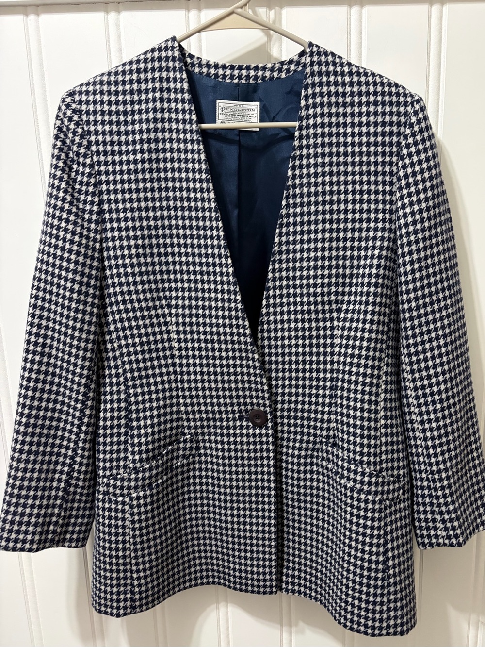 Vintage Miss Pendleton Wool Houndstooth Blazer Size 10 Navy Ivory USA